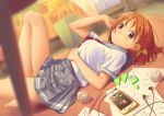  /\/\/\ 1girl ahoge barefoot bed blurry blush bow braid breasts carpet cellphone crumpled_paper depth_of_field earphones eraser hair_bow hand_on_own_stomach knee_up looking_at_phone love_live! love_live!_sunshine!! lying medium_breasts on_back on_floor orange_hair pen phone poligon_(046) red_eyes sakurauchi_riko school_uniform serafuku side_braid smartphone solo table takami_chika trash_can yellow_bow 