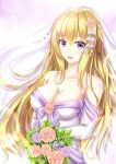  1girl bare_shoulders blonde_hair blue_eyes bouquet breasts bridal_veil bride dress elbow_gloves flower formal gloves highres large_breasts long_hair looking_at_viewer muwa12 neptune_(series) smile solo strapless strapless_dress veil vert wedding wedding_dress white_dress white_gloves 