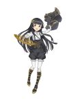  1girl :d arisugawa_kaoru black_eyes black_footwear black_hair boots butterfly_hair_ornament fan full_body gloves hair_ornament highres jacket jacket_removed long_hair looking_at_viewer official_art open_mouth pantyhose paper_fan princess_principal princess_principal_game_of_mission smile standing suspenders very_long_hair white_bowite white_gloves white_legwear 