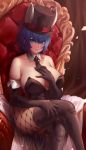  1girl absurdres animal_ears bare_shoulders black_gloves black_legwear blue_eyes blue_hair breasts cleavage collarbone fishnets gloves hat highres large_breasts legs_crossed looking_at_viewer original parted_lips rabbit_ears short_hair sitting smile solo thigh-highs thighs top_hat yin-ting_tian 