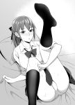  1girl bangs bed_sheet blush bow braid breast_pocket eyebrows_visible_through_hair greyscale hair_bow half_updo highres kneehighs kyuuso_inukami looking_at_viewer lying monochrome nose_blush on_back original panties pillow pocket school_uniform sheet_grab sidelocks sleeves_rolled_up solo sweat thighs underwear 