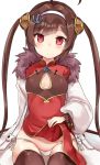  1girl ahoge azur_lane bangs black_legwear breasts brown_hair china_dress chinese_clothes chiune_(yachi) cleavage_cutout dress dress_lift fur_collar hairband lifted_by_self long_hair long_sleeves looking_at_viewer panties ping_hai_(azur_lane) red_dress red_eyes seiza side-tie_panties simple_background sitting small_breasts solo thigh-highs underwear very_long_hair white_background white_hairband white_panties 