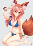  1girl animal_ears blue_swimsuit fate/extra fate/extra_ccc fate/grand_order fate_(series) feet fox_ears fox_tail full_body grey_background hairband john_manjirou_(love-love-happy21) pink_hair simple_background smile swimsuit tagme tail tamamo_(fate)_(all) tamamo_no_mae_(fate) tamamo_no_mae_(swimsuit_lancer)_(fate) wristband 