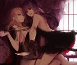  2girls black_dress blonde_hair curtains dress kakmxxxny06 knife long_hair multiple_girls purple_hair tail yuri 