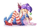  1girl american_flag_dress american_flag_legwear blonde_hair clownpiece feet full_body hair_between_eyes hat holding jester_cap long_hair looking_at_viewer neck_ruff no_shoes pantyhose pointy_ears polka_dot red_eyes simple_background sitting smile solo star star_print striped toes torch touhou white_background z.o.b 