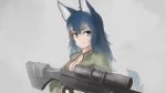  1girl animal_ears bangs blue_eyes blue_hair breasts cleavage closed_mouth fingerless_gloves gloves green_jacket grey_background grey_wolf_(kemono_friends) gun heterochromia holding holding_gun holding_weapon jacket kemono_friends large_breasts long_sleeves looking_at_viewer no_bra open_clothes open_jacket paintrfiend rifle scope smile sniper_rifle solo tail trigger_discipline weapon wolf_ears wolf_tail yellow_eyes 