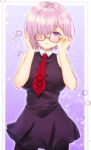  1girl :o adjusting_eyewear black-framed_eyewear black_dress blush border breasts cowboy_shot dress fate_(series) glasses gradient gradient_background hair_over_one_eye hands_up highres kisshii_(kic1224) large_breasts looking_at_viewer necktie parted_lips pink_background pink_hair red_necktie shielder_(fate/grand_order) shiny shiny_hair short_hair sleeveless sleeveless_dress solo standing violet_eyes white_border 