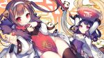  2girls arms_up azur_lane black_legwear breasts brown_hair cake china_dress chinese_clothes cleavage cleavage_cutout dress dumpling egg_yolk eyebrows_visible_through_hair finger_to_mouth food food_on_face fruit fur_trim hair_rings hairband jacket kiwifruit looking_at_viewer multiple_girls ning_hai_(azur_lane) noodles open_clothes open_jacket panda parted_lips pelvic_curtain ping_hai_(azur_lane) purple_dress purple_hair ramen red_dress red_eyes side_slit small_breasts strawberry thigh-highs twintails utm 