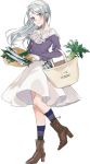  10s 1girl alternate_costume brown_footwear drew_(drew213g) fish kantai_collection long_hair long_sleeves official_art sagiri_(kantai_collection) shoes silver_hair simple_background skirt smile solo transparent_background violet_eyes white_background white_skirt 