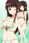  1girl ;d arm_behind_back bangs bikini blunt_bangs blush breasts brown_hair cleavage closed_mouth collarbone cowboy_shot eyebrows_visible_through_hair front-tie_bikini front-tie_top full_body gochuumon_wa_usagi_desu_ka? gradient gradient_background green_bikini green_eyes groin hand_on_own_chest hera_(hara0742) highres large_breasts long_hair looking_at_viewer navel one_eye_closed open_mouth outline shiny shiny_skin side-tie_bikini smile standing star starry_background stomach swimsuit two-tone_background ujimatsu_chiya white_outline zoom_layer 