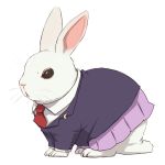  :&lt; animal animalization black_eyes blazer closed_mouth clothed_animal crescent crescent_moon_pin full_body ito_(itokayu) jacket long_sleeves necktie pink_skirt pleated_skirt rabbit red_necktie reisen_udongein_inaba reisen_udongein_inaba_(bunny) school_uniform simple_background skirt touhou whiskers white_background white_fur wing_collar 