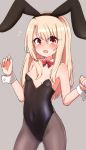  &gt;:o 1girl :o animal_ears bangs black_legwear black_leotard blush bow bowtie breasts bunnysuit chawan_(yultutari) covered_navel cowboy_shot detached_collar embarrassed eyebrows_visible_through_hair fake_animal_ears fate/kaleid_liner_prisma_illya fate_(series) feathers flying_sweatdrops grey_background hair_feathers highres illyasviel_von_einzbern leotard long_hair looking_at_viewer open_mouth pantyhose rabbit_ears red_bow red_bowtie red_eyes simple_background small_breasts solo standing strapless strapless_leotard tearing_up w_arms white_hair wrist_cuffs 