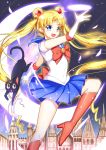  1girl bishoujo_senshi_sailor_moon blonde_hair blue_eyes blue_skirt boots bow bowtie cat double_bun elbow_gloves eyebrows_visible_though_hair floating_hair gloves greetload high_heel_boots high_heels highres knee_boots long_hair luna_(sailor_moon) miniskirt petals pleated_skirt red_bow red_bowtie sailor_moon school_uniform serafuku shiny shiny_clothes shirt short_sleeves skirt solo twintails very_long_hair white_gloves white_shirt 