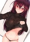  1girl :p bangs black_sweater blush breasts closed_mouth commentary cowboy_shot eyebrows_visible_through_hair fate/grand_order fate_(series) gluteal_fold hair_between_eyes highres hplay indoors large_breasts lifted_by_self long_hair long_sleeves looking_at_viewer no_bra panties purple_hair purple_panties red_eyes ribbed_sweater scathach_(fate/grand_order) self_shot shirt_lift smile solo standing sweater tongue tongue_out under_boob underwear 