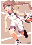  1girl alternate_costume artist_name bare_shoulders basketball basketball_uniform blue_eyes brown_hair commentary floating_fortress_(kantai_collection) full_body hair_ribbon highres kantai_collection kazagumo_(kantai_collection) long_hair open_mouth pepatiku ponytail ribbon shoes sneakers solo sportswear 