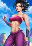  1girl abs aura bare_shoulders black_hair blue_sky blurry caulifla clenched_hand dandon_fuga depth_of_field dragon_ball dragon_ball_super glowing glowing_hand looking_at_viewer mountain navel sky smile solo spiky_hair stomach toned wristband 