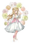  1girl :d blonde_hair blue_eyes dress full_body hair_ribbon hand_up head_wreath high_heels highres long_hair looking_at_viewer official_art open_mouth princess_(princess_principal) princess_principal princess_principal_game_of_mission ribbon shoes smile solo standing tress_ribbon white_dress white_shoes 