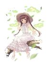  1girl :d adjusting_clothes adjusting_hat arm_up bow bowtie brown_eyes brown_hair dress flower frilled_dress frills hat hat_flower highres in_tree kisaragi_(princess_principal) leaf long_hair looking_at_viewer official_art open_mouth outstretched_hand princess_principal princess_principal_game_of_mission shoes sitting sitting_in_tree smile solo standing standing_on_one_leg straw_hat tree twintails white_bow white_bowtie white_dress white_shoes 