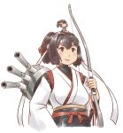  1girl bow_(weapon) brown_eyes brown_hair cannon fairy_(kantai_collection) hachimaki hair_ribbon headband holding holding_bow_(weapon) holding_weapon ise_(kantai_collection) kantai_collection karasu_(naoshow357) katana nontraditional_miko ponytail red_ribbon remodel_(kantai_collection) ribbon short_hair simple_background sitting skin_tight sword turret undershirt upper_body weapon white_background 
