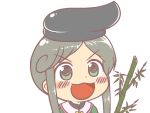  1girl bamboo black_hat blush branch chibi dot_nose green_eyes gyate_gyate hat ikiyouz leaf open_mouth portrait short_hair_with_long_locks solo tate_eboshi teireida_mai touhou white_background 