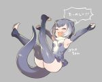 1girl :3 :d \o/ ^_^ armpits arms_up ass character_name closed_eyes commentary_request elbow_gloves eyebrows_visible_through_hair feet fingerless_gloves full_body fur_collar gloves gradient_hair grey_background grey_gloves grey_hair grey_legwear grey_swimsuit kemono_friends legs_up mucchiri_shiitake multicolored_hair no_shoes one-piece_swimsuit open_mouth otter_ears otter_tail outstretched_arms short_hair simple_background small-clawed_otter_(kemono_friends) smile solo spread_arms swimsuit tail thigh-highs toeless_legwear toes translated white_hair