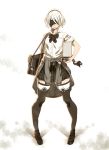  1girl alternate_costume bag black_hairband black_legwear blindfold checkered checkered_skirt clothes_around_waist contemporary covered_eyes full_body hairband highres holding loafers mole mole_under_mouth nier_(series) nier_automata pleated_skirt pod_(nier_automata) ribbon school_uniform shoes short_hair short_sleeves simple_background skirt sweater sweater_around_waist tasaka_shinnosuke thigh-highs yorha_no._2_type_b zettai_ryouiki 