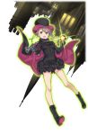  1girl :o ange_(princess_principal) asymmetrical_hair aura black_cape black_footwear black_hat black_skirt blue_eyes braid breasts cape cavorite_ball cityscape full_body fur_trim grey_hair hat highres looking_at_viewer official_art princess_principal princess_principal_game_of_mission shoes short_hair skirt small_breasts solo top_hat transparent_background upside-down 