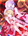  119 2girls :&lt; bare_arms blonde_hair commentary_request flandre_scarlet hair_between_eyes hat hat_ribbon highres indoors lavender_hair looking_at_viewer looking_back mob_cap multiple_girls object_hug phonograph pink_skirt red_eyes red_ribbon red_shoes red_skirt remilia_scarlet ribbon ribbon-trimmed_headwear ribbon_trim shoes siblings sisters sitting skirt sleeveless smile socks stairs stuffed_toy touhou white_hat white_legwear wrist_cuffs 