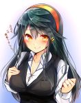  1girl alternate_costume black_hair black_vest blush breasts collarbone commentary hair_between_eyes hairband haruna_(kantai_collection) headgear highres jewelry kantai_collection large_breasts long_hair long_sleeves office_lady ring shirt smile solo translated tsukui_kachou vest wedding_band white_shirt yellow_eyes 