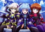  3girls ;d absurdres black_hair black_legwear black_wings blue_eyes blue_hair blush brown_hair cropped_jacket fang fingerless_gloves gloves hair_ornament highres hug jacket juliet_sleeves long_hair long_sleeves looking_at_viewer lyrical_nanoha magazine_scan mahou_shoujo_lyrical_nanoha mahou_shoujo_lyrical_nanoha_the_movie_3rd:_reflection material-d material-l material-s multicolored_hair multiple_girls multiple_wings official_art one_eye_closed open_mouth puffy_sleeves scan shiny shiny_hair short_hair sidelocks silver_hair sitting smile thigh-highs twintails two-tone_hair violet_eyes wings x_hair_ornament 