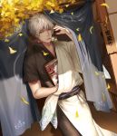  1boy dango day dutch_angle food gintama j.w leaf looking_at_viewer magazine mouth_hold outdoors red_eyes ribbon-trimmed_sleeves ribbon_trim sakata_gintoki short_sleeves shounen_jump silver_hair solo wagashi 