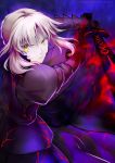  1girl armor artoria_pendragon_(all) blonde_hair dark_excalibur fate/stay_night fate_(series) gauntlets highres holding holding_sword holding_weapon long_hair looking_at_viewer pale_skin saber_alter saber_ruri solo sword weapon yellow_eyes 