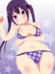  1girl bangs bikini blush breasts cleavage closed_mouth collarbone cowboy_shot eyebrows_visible_through_hair gochuumon_wa_usagi_desu_ka? groin hera_(hara0742) highres large_breasts long_hair looking_at_viewer navel outline plaid plaid_bikini purple_bikini purple_hair shiny shiny_skin sidelocks solo star starry_background stomach swimsuit tedeza_rize twintails two-tone_background violet_eyes wet white_outline 