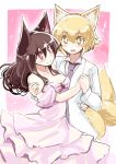  1boy 2girls :d alternate_costume arm_around_shoulder arm_around_waist azumaya_toushirou bare_shoulders blonde_hair blush breasts brown_eyes brown_hair cleavage closed_mouth collarbone collared_shirt dress eyebrows_visible_through_hair formal fox_tail fox_tears glasses hair_between_eyes hair_over_shoulder hand_holding hand_on_another&#039;s_shoulder heart highres imaizumi_kagerou jacket long_hair looking_at_another multiple_girls multiple_tails necktie off-shoulder_dress off_shoulder open_clothes open_jacket open_mouth pink_pupils shirt short_hair smile standing suit tail touhou upper_body wing_collar wolf_tears yakumo_ran yellow_eyes yellow_pupils 