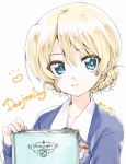  1girl bangs blonde_hair blue_eyes blue_sweater book braid character_name closed_mouth commentary_request darjeeling dress_shirt emblem english eyebrows_visible_through_hair girls_und_panzer highres kuroi_mimei long_sleeves looking_at_viewer photo_album portrait school_uniform shirt short_hair simple_background smile solo st._gloriana&#039;s_(emblem) st._gloriana&#039;s_school_uniform sweater tied_hair twin_braids twitter_username v-neck white_background white_shirt 