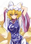  1girl arms_behind_head arms_up bangs blonde_hair blush breasts cowboy_shot dress fox_tail hat highres large_breasts looking_at_viewer multiple_tails pillow_hat rihito_(usazukin) see-through solo tabard tail tassel touhou wavy_mouth white_dress wide_sleeves yakumo_ran yellow_eyes 