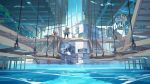  1girl akitsu_taira boat city cityscape fantasy highres original scenery sign tiger wallpaper water watercraft 