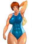  abs breasts brown_hair competition_swimsuit harukaze_doujin large_breasts muscle muscular_female one-piece_swimsuit short_hair swimsuit towel 