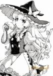  1girl apron bangs bow braid broom chains cowboy_shot eyebrows_visible_through_hair greyscale hair_bow hand_up hat hat_bow holding holding_broom kirisame_marisa long_hair looking_at_viewer mini-hakkero monochrome puffy_short_sleeves puffy_sleeves qqqrinkappp sample short_sleeves side_braid simple_background single_braid skirt skirt_set solo touhou traditional_media very_long_hair waist_apron white_background witch_hat 