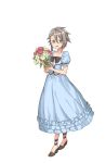  1girl :d ange_(princess_principal) asymmetrical_hair black_bow blue_dress blue_eyes bouquet bow braid dress flower frilled_dress frills full_body glasses grey_hair high_heels highres looking_at_viewer official_art open_mouth princess_principal princess_principal_game_of_mission puffy_short_sleeves puffy_sleeves shoes short_hair short_sleeves smile solo standing transparent_background yellow-framed_eyewear 