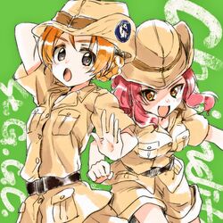  2girls alternate_costume bangs black_belt black_bow blue_eyes bow braid brown_eyes brown_hat brown_shirt brown_shorts collared_shirt commentary_request cowboy_shot eyebrows_visible_through_hair girls_und_panzer green_background hair_bow hat highres kuroi_mimei looking_at_viewer multiple_girls open_mouth orange_hair orange_pekoe parted_bangs redhead rosehip safari_jacket shirt short_hair short_sleeves shorts smile standing standing_on_one_leg tied_hair twin_braids 