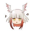  1girl :d bangs bird_wings black_hair blunt_bangs chibi empty_eyes eyebrows_visible_through_hair eyelashes feather_trim feathered_wings head_wings japanese_crested_ibis_(kemono_friends) kemono_friends long_hair lowres multicolored multicolored_wings music musical_note narita_imomushi no_nose open_mouth red_wings redhead short_hair_with_long_locks sidelocks silver_hair simple_background singing smile solo upper_body white_background white_wings wings yellow_eyes 