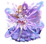  2girls :d ahoge asuna_(sao) breastplate brown_eyes brown_hair detached_sleeves feathers floating_hair headband holding holding_sword holding_weapon long_hair looking_at_viewer miniskirt multiple_girls open_mouth pleated_skirt pointy_ears purple_hair red_eyes red_skirt simple_background skirt smile sword sword_art_online thigh-highs very_long_hair weapon white_background white_legwear yuuki_(sao) 