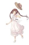  1girl :o bangs blunt_bangs bow bowtie brown_eyes brown_hair dress flower frilled_dress frills hand_up hat hat_flower hat_removed headwear_removed highres kisaragi_(princess_principal) long_hair looking_at_viewer official_art princess_principal princess_principal_game_of_mission shoes solo standing standing_on_one_leg straw_hat twintails white_bow white_bowtie white_dress white_shoes 
