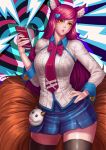  1girl academy_ahri ahri animal_ears aran_sweater black_legwear blue_skirt breasts cellphone cowboy_shot fox_ears fox_tail gonster hair_ornament hairclip hand_on_hip heart_hair_ornament highres large_breasts league_of_legends long_hair long_sleeves looking_at_viewer multiple_tails parted_lips phone redhead school_uniform skirt slit_pupils smartphone solo sweater tail thigh-highs whisker_markings yellow_eyes 