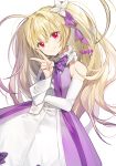  1girl artist_name bangs blonde_hair closed_mouth detached_sleeves dress eyebrows_visible_through_hair frills halterneck hand_up long_hair looking_at_viewer original pink_eyes purple_dress signature simple_background smile solo sukja tsurime twintails v white_background 