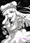  1girl bangs book bow bowtie capelet cowboy_shot crescent crescent_moon_pin dress eyebrows_visible_through_hair greyscale hair_bow hat holding holding_book long_hair long_sleeves looking_at_viewer mob_cap monochrome patchouli_knowledge qqqrinkappp sample sidelocks solo touhou traditional_media wide_sleeves 