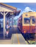  1girl arm_up bag blue_sky brown_hair clouds commentary_request daito day food ground_vehicle highres holding holding_food kneehighs loafers long_hair original outdoors pleated_skirt ponytail popsicle railroad_tracks real_world_location school_bag school_uniform shadow shirt shoes short_sleeves skirt sky solo_focus standing sunlight train train_station waving white_shirt 