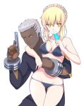  &gt;:( &gt;:) 1boy 1girl absurdres arm_around_neck artoria_pendragon_(swimsuit_rider_alter)_(fate) bangs bare_arms bare_shoulders bikini black_bikini blonde_hair bracelet breasts cleavage closed_mouth cowboy_shot dark_skin dark_skinned_male emiya_alter expressionless fate/grand_order fate_(series) food frills gluteal_fold gun half-closed_eyes handgun highres holding holding_food holding_gun holding_weapon hug jewelry kuso_otoko long_sleeves looking_at_viewer maid_headdress medium_breasts pistol popsicle short_hair silver_hair simple_background smile standing swimsuit thigh_gap thigh_strap trigger_discipline tsurime weapon white_background yellow_eyes 