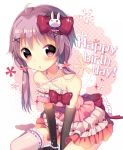  1girl :o ahoge bangs bare_shoulders between_legs black_gloves blush bow bracelet breasts bunny_hair_ornament cleavage commentary_request criss-cross_halter dress elbow_gloves eyebrows_visible_through_hair frills gloves hair_bow hair_ornament halterneck hand_between_legs happy_birthday ikari_(aor3507) jewelry leaning_forward long_hair looking_at_viewer low_twintails medium_breasts necklace parted_lips pearl_bracelet pearl_necklace pink_dress purple_hair red_bow sitting solo striped thigh-highs thigh_strap twintails v_arms vertical-striped_dress vertical_stripes violet_eyes vocaloid wariza white_legwear x_hair_ornament yuzuki_yukari 
